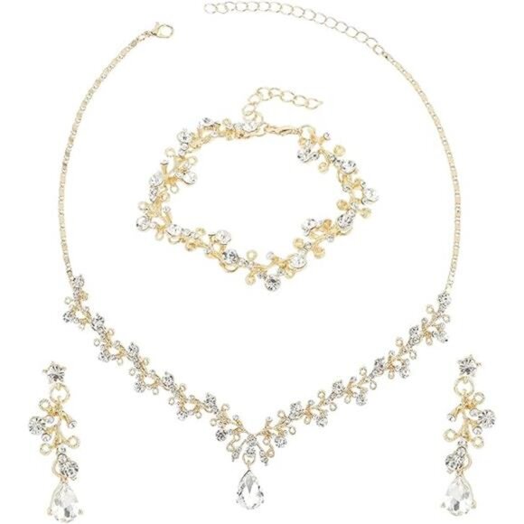 Rhinestone Wedding Jewelry Set Bridal Necklace Bracelet Earrings Prom Gift Women - Picture 8 of 8